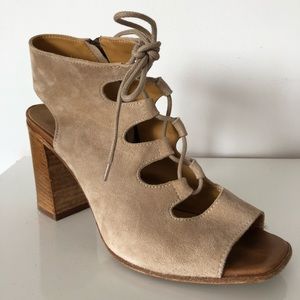 Mimosa lace up block suede heels